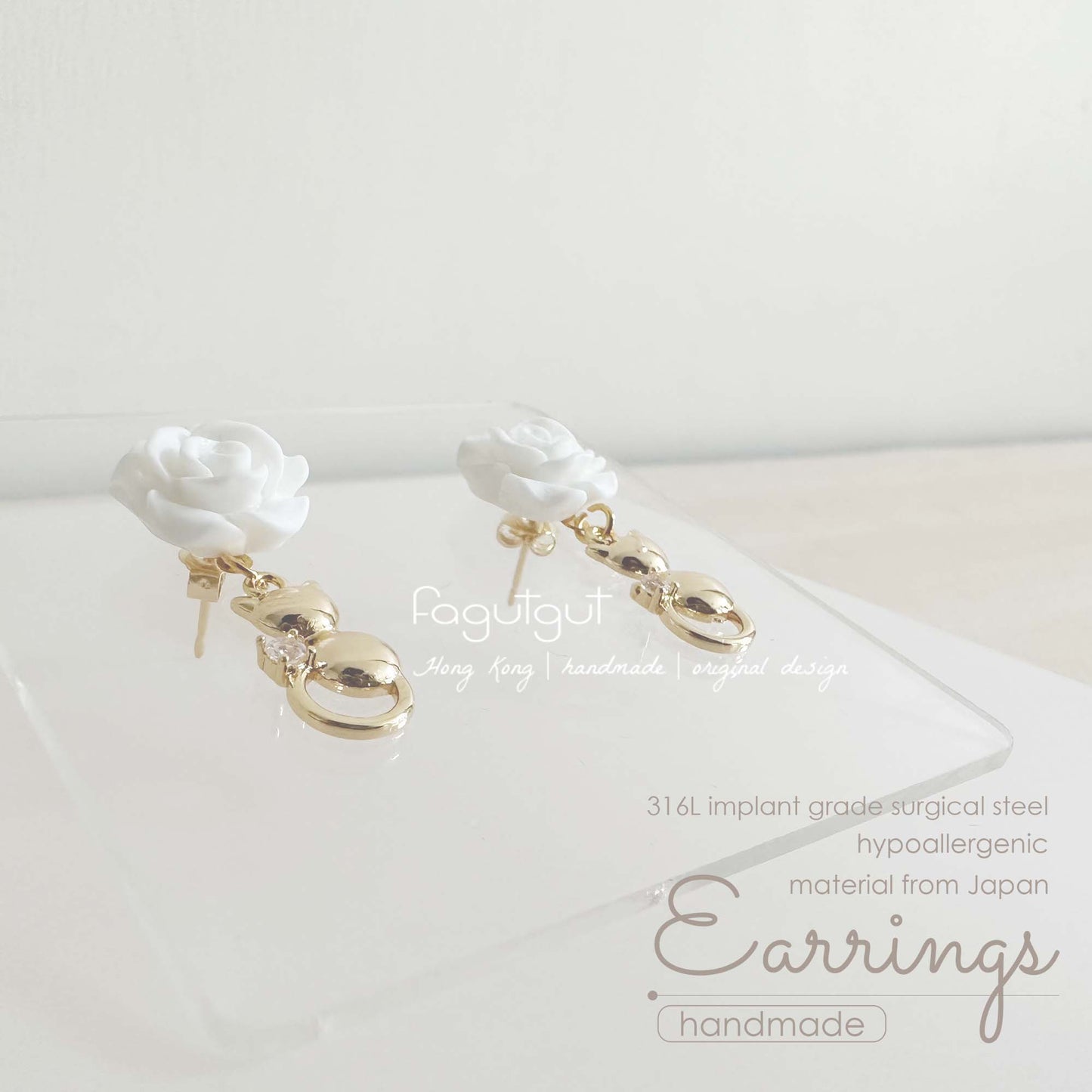fagutgut 花吉吉手作 - 高度防敏感耳環 - 白花小貓咪閃石 (耳釘/耳夾)